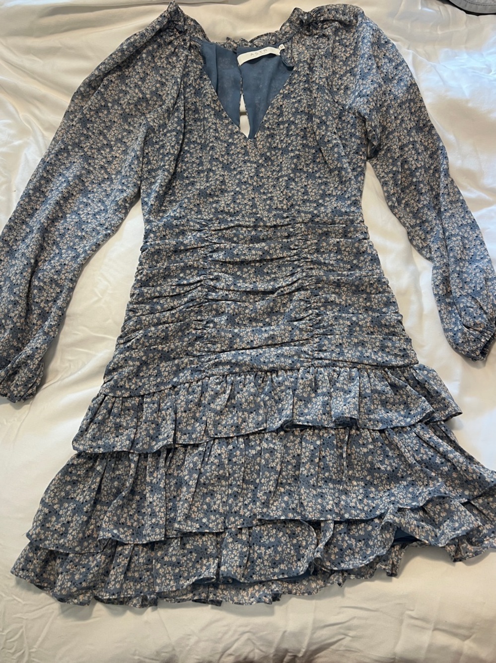Astr Blue Floral Long-Sleeve Ruffle Tiered Mini Dress